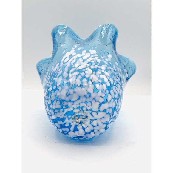 Ruffled Vase Handkerchief Style Hand Blown Glass Blue & White W/ Bubbles 7” Nice - Picture 5 of 6